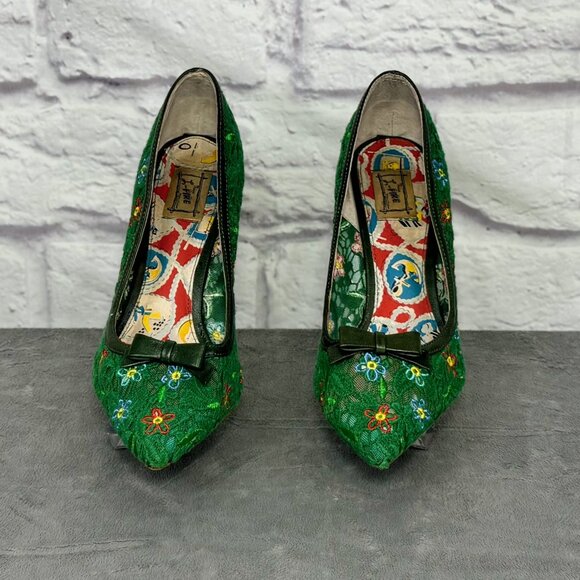 Miss L-Fire Green Floral Embroidered Mesh Pumps - Picture 3 of 6
